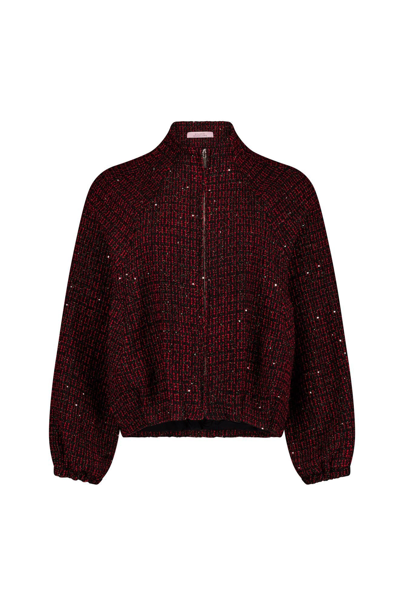 Mela Tweed bomber van Studio Anneloes in zwart met rood met subtiel glittergaren en zilverkleurige rits