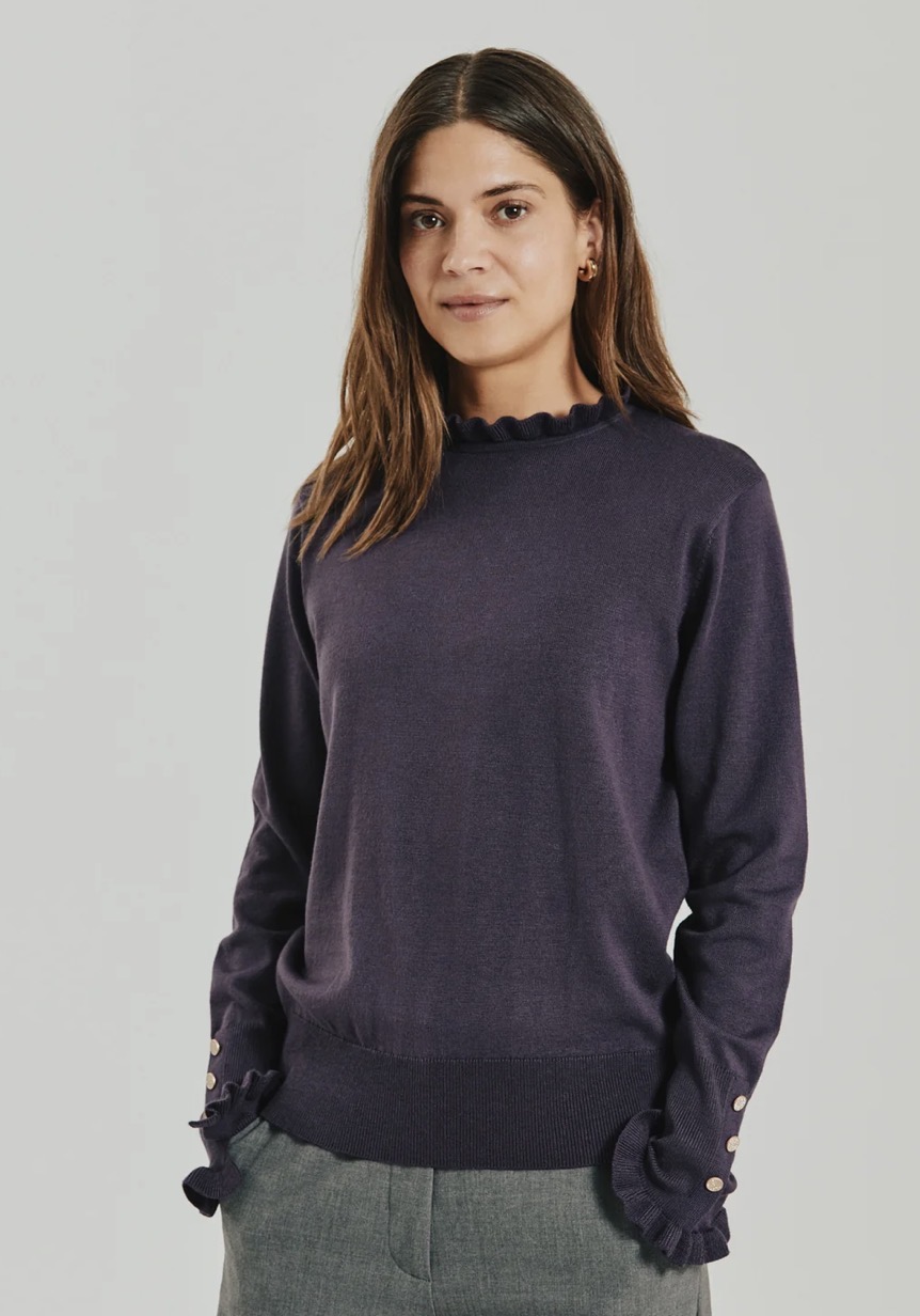 Aubergine fijnbrei FQKatie Pullover van FreeQuent met ronde hals en ruches