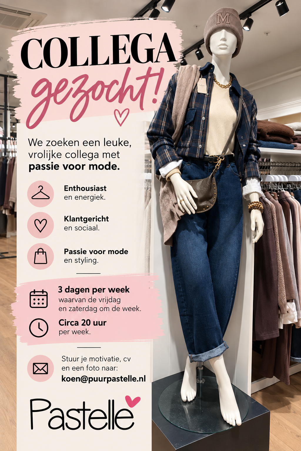 Poster: collega gezocht bij Pastelle — drie dagen per week, circa 20 uur. Stuur motivatie, cv en een foto naar koen@puurpastelle.nl