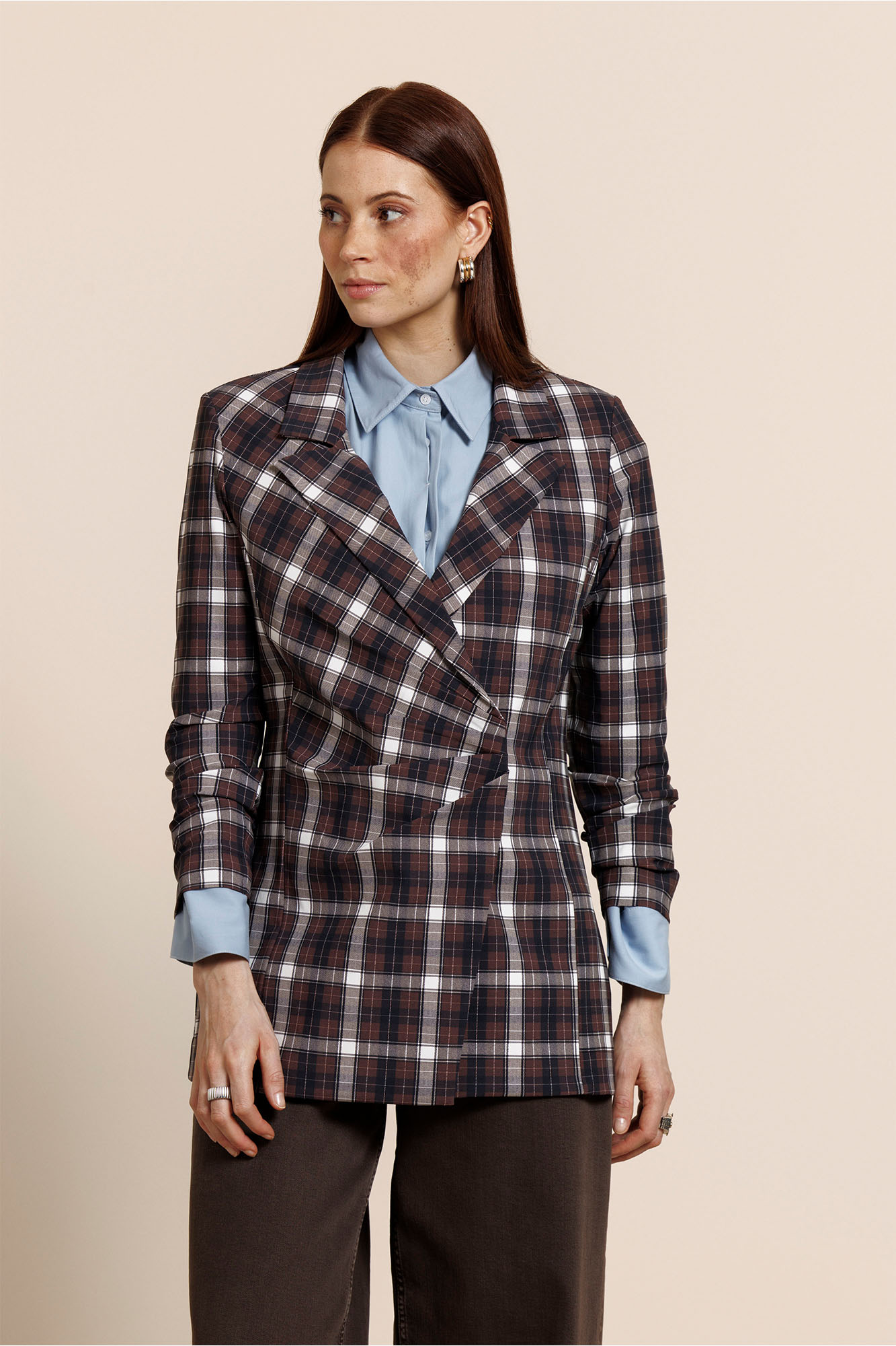 Studio Anneloes blazer in donkerblauwe ruit met espresso bruin