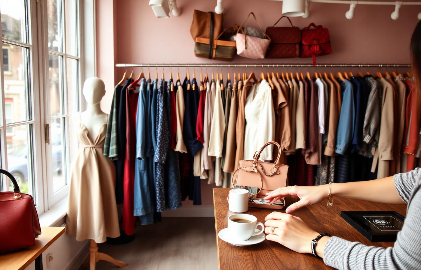 Gezellige boutique met kledingrekken in warme tinten