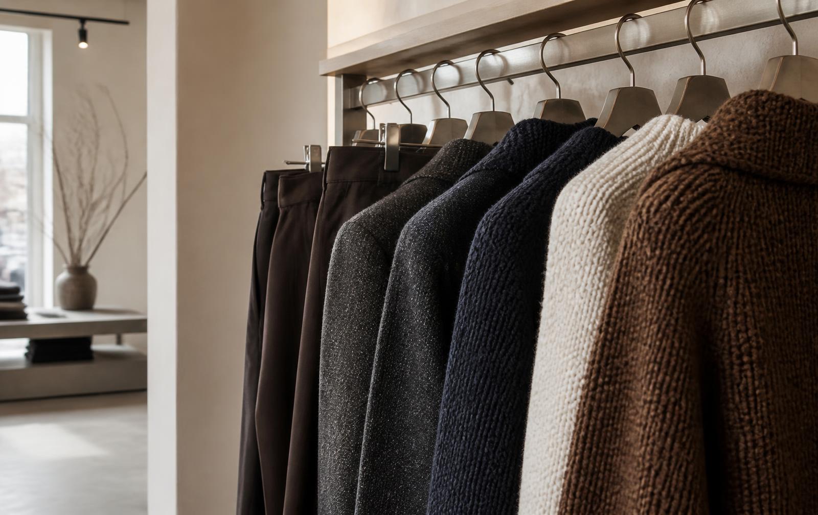 Gebreide kleding in ecru, donkerblauw en espresso aan hangers