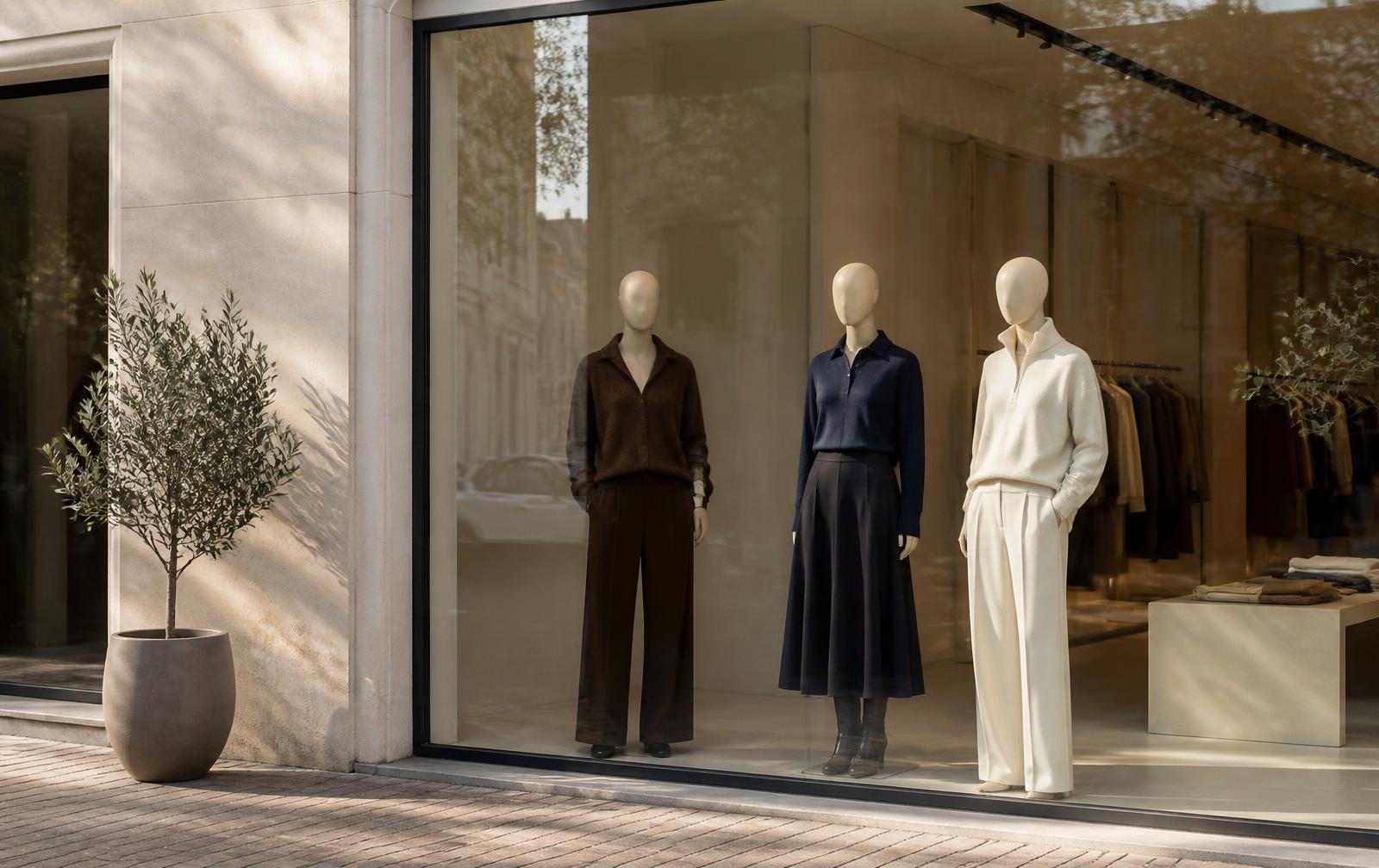 Etalage met moderne damesmode in natuurtinten