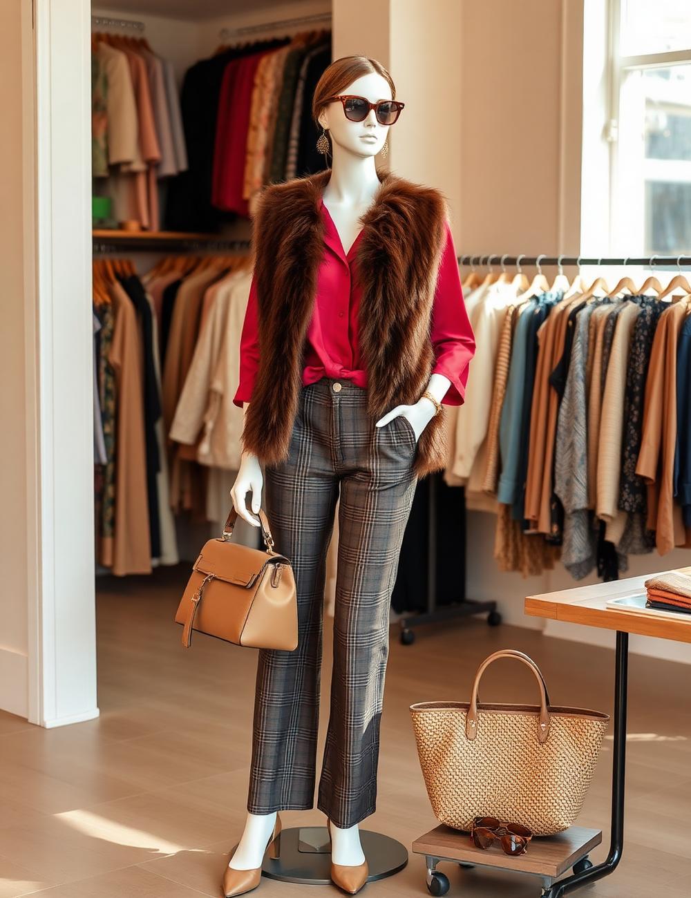 Complete look met blouse, broek, gilet, tas en sieraden