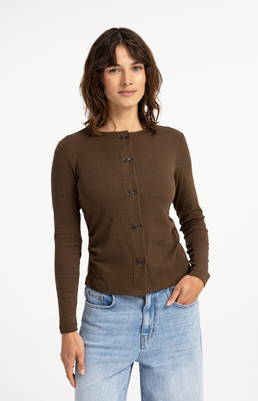 Jersey vest met dubbele knoopsluiting van YAYA in Teak Brown Melange