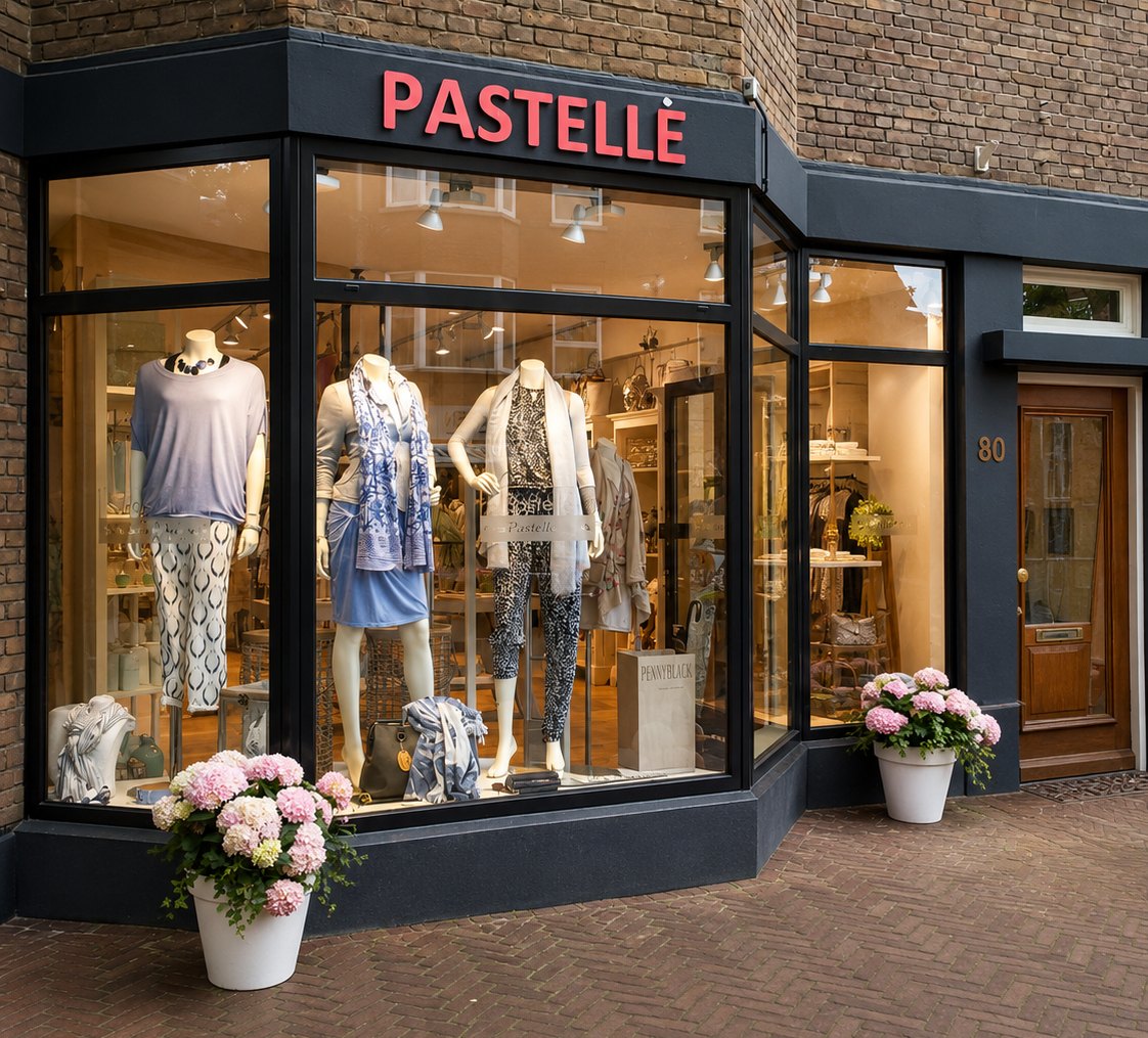 De hoekgevel van Pastelle Den Haag aan de Van Hoytemastraat, met etalage en hortensia's bij de deur