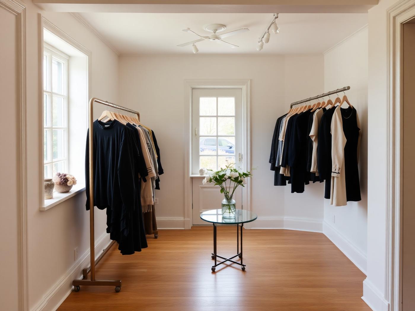 Licht boutique-interieur met kledingrekken en verse bloemen in Wassenaar