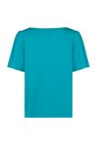 Satinlook shirt met V-hals, ronde hals en korte wijde pofmouwen van het mrek Studio Anneloes in de kleur turquoise.