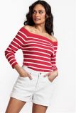 Gebreide off shoulder trui met lange mouwen met streepdessin van het merk Studio Anneloes in de kleur rood/wit.