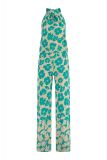 Mouwloze travel jumpsuit met bloemenprint, hoge strikhals, wijde pijpen en steekzakken van het merk Studio Anneloes in de kleur clay/smaragd.
