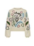 Off white pullover van het merk Fabienne Chapot met ronde hals, lange pofmouwen en all-over borduursels in multi color.