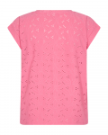 T-Shirt van het merk Freequent met geborduurd bloemendessin, ronde hals en korte mouwen met omslag in de kleur carmine rose.