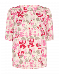 Blouse van het merk Freequent met bloemenprint, korte mouwen, V-hals en knoopsluiting met stoffen knoopjes in de kleur carmine rose/lollipop.