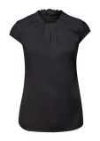 Satinlook blousetop met geplooide ronde hals en kapmouwtjes in de kleur zwart.