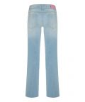 Spijkerbroek van het merk Cambio met wijde pijpen, 5-pockets en een bijpassende smalle ceintuur in de kleur light summer wash fringed.