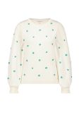 Pullover van het merk Fabienne Chapot met geborduurde bloemen en hartjes, ronde hals en lange mouwen met ruches in de kleur cosy white.