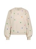Sweater van het merk Fabienne Chapot met all-over geborduurde hartjes, lange pofmouwen, ronde hals en geribde boorden in de kleur oatmeal melange.