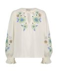 Slip on blouse met ronde hals met strikkoordjes, lange pofmouwen met ruche aan de mouwuiteinden en geboruurde details van het merk Fabienne Chapot in de kleur cream white.