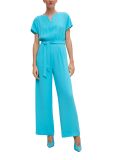 Jumpsuit met korte mouw, ronde hals met V-insnede, rechte pijp en strikceintuur van het merk Comma in de kleur turquoise.