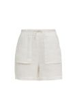 Korte linnen broek met elastieken tailleband met strikkoord en opgestikte zakken in de kleur off white.