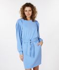 Modal rok met knoopsluiting, riemlussen en strikceintuur van het merk ESqualo in de kleur blauw.