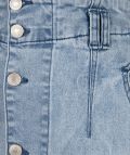 Spijkerrok van het merk Esqualo met doorlopende knoopsluiting, riemlussen en opgestikte zakken aan de achterkant in de kleur blauw.