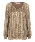 Blousetop met all-over print, V-hals en lange mouwen met gesmockte boorden in de kleur beige.