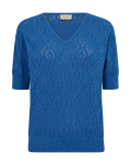 Gebreide top met ajour patroon, korte mouwen  en v-hals van het merk Freequent in de kleur blauw.