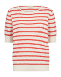 Gebreide top van het merk Freequent met ronde hals, korte mouwen en gestreept patroon in de kleur off white/oranje.