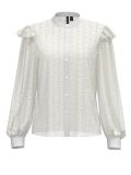Broderie blouse van het merk Pieces met Mao kraag, volledige knoopsluiting en lange mouwen met manchetten in de kleur bright white.