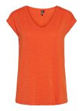 T-Shirt met v-hals en aangeknipte korte mouw en gestreepte gouden lurex patroon in de kleur oranje van het merk Pieces.