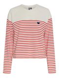 Gestreepte sweater van het merk Pieces met lange raglanmouwen en ronde hals van het merk Pieces in de kleur off white/rood.