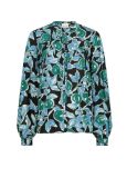 Blouse van het merk Fabienne Chapot met ronde hals, lange mouwen, knoopsluiting en plooien bij de borst in een all-over print in de kleur zwart/groen.