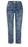 5-Pocket jeans van het merk Rosner met gecombineerde knoop/ritssluiting, tropische print en gerafelde pijpen in de kleur authentic sunrise.