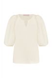 Off White twill blouse met ronde hals met V-insnede en driekwart pofmouw.