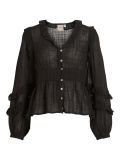 Zwarte blouse van het merk Rouge Vila met V-hals, knoopsluiting, lange mouwen en ruches.