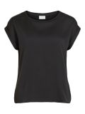 Satinlook shirt met ronde hals en korte mouw met omslag in de kleur zwart.