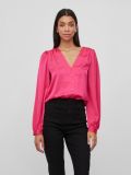 Satinlook blouse met plooien, V-hals en knoopsluiting in de kleur pink yarrow.