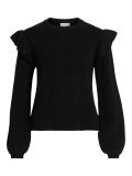 Gebreide trui van het merk Vila met ronde hals, lange pofmouwen en volants bij de schouders in de kleur zwart.