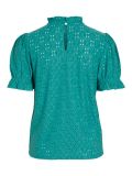 Broderie shirt met ronde hals met ruche en korte pofmouw in de kleur alhambra.