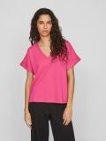 T-shirt van het merk Vila met v-hals en korte mouwen in  de kleur roze.