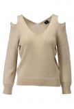 Pullover van het merk K-Design met lurex, lange mouwen,v-hals en open schouders in de kleur beige.