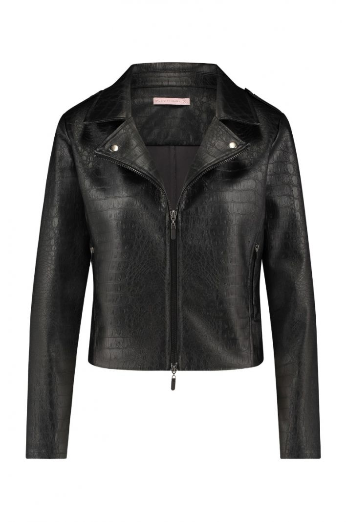 05283 Biker Croko Leather Jacket - Zwart