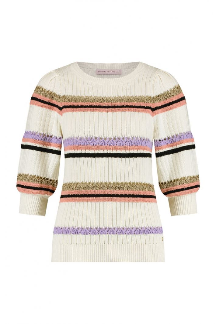08526 Mabel Ajour Stripe Pullover - Off White/Cool Lilac