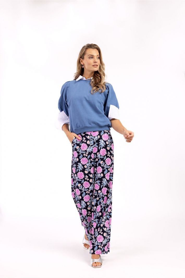 09790 Lexie Flower Trousers - Dark Blue/Dark Pink