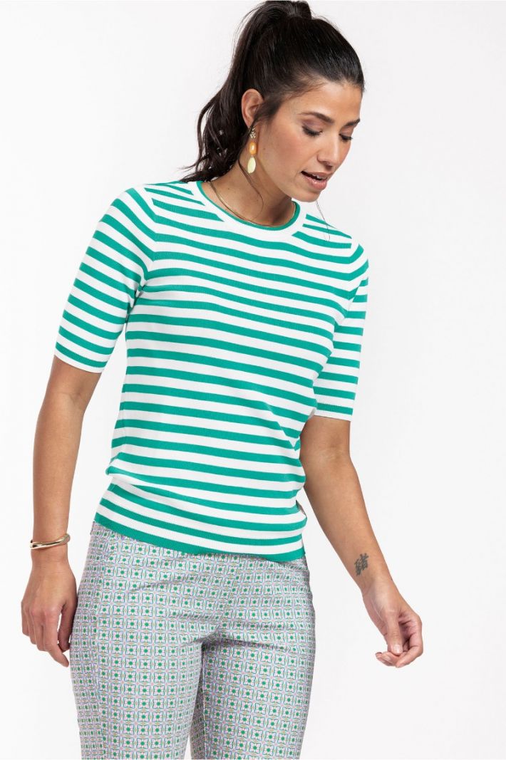 10003 Luna ssl Stripe Pullover - Off White/Smaragd