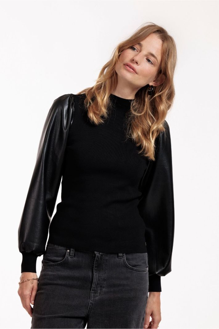 12061 Noortje Faux Leather Pullover - Black