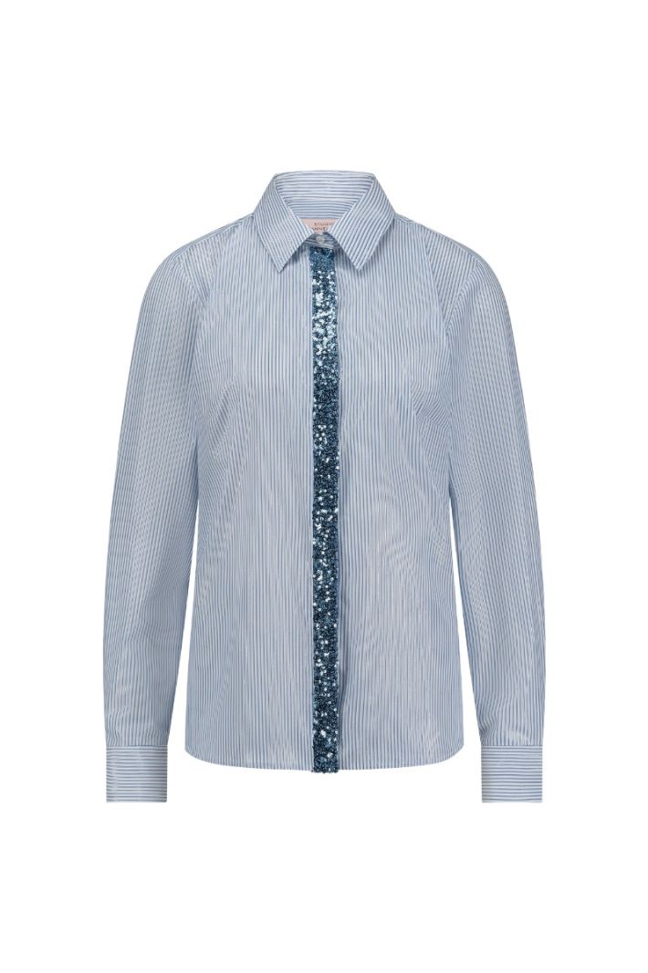 12371 Bobby Poplin Blouse - Light Blue/Off White