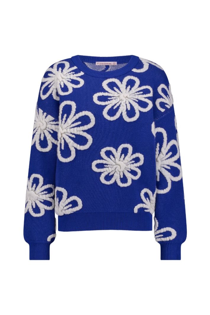 12405 Cassidey Flower Pullover - Royal Blue/Off White