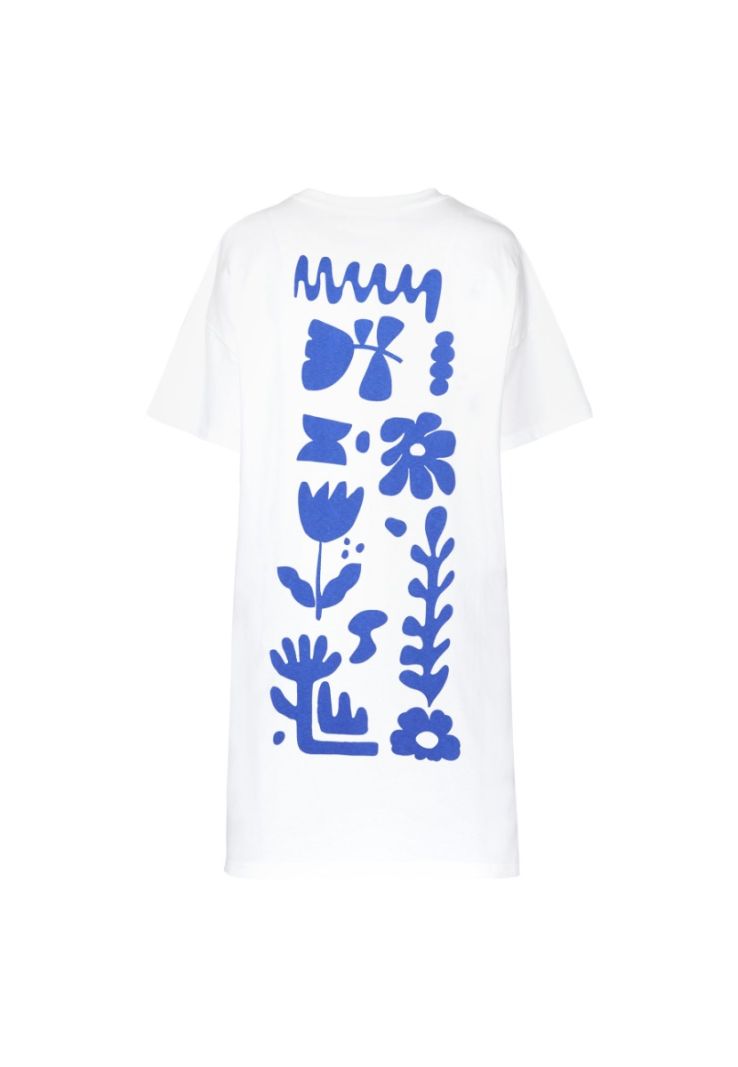 16440 HELGA-LONG T-Shirt Jurk met Print - Cream/B. Cobalt